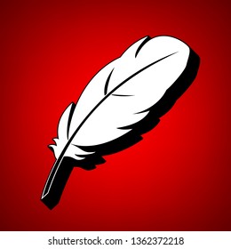 Feather sign illustration. Vector. Perspective view of white icon with black outline at reddish background.