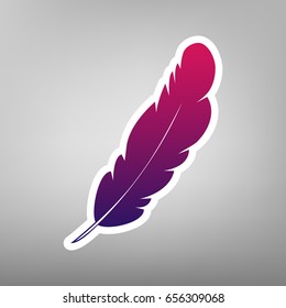 Feather sign illustration. Vector. Purple gradient icon on white paper at gray background.