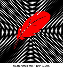Feather sign illustration. Vector. Red icon on white and black radial interference as background.