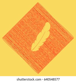 Feather sign illustration. Vector. Red scribble icon obtained as a result of subtraction rhomb and path. Royal yellow background.