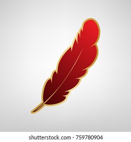 Feather sign illustration. Vector. Red icon on gold sticker at light gray background.