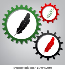 Feather sign illustration. Vector. Three connected gears with icons at grayish background.