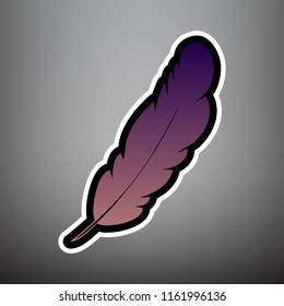 Feather sign illustration. Vector. Violet gradient icon with black and white linear edges at gray background.