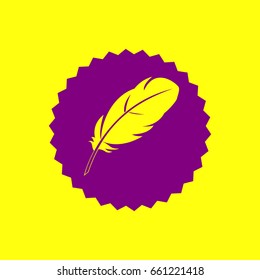 Feather sign illustration. Vector. Violet label with hole as icon on yellow background.