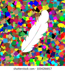 Feather sign illustration. Vector. White icon on colorful background with seamless pattern from squares.