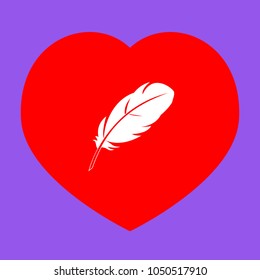 Feather sign illustration. Vector. White icon in red heart at lavender background.