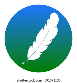 Feather sign illustration. Vector. White icon in bluish circle on white background. Isolated.