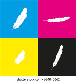 Feather sign illustration. Vector. White icon with isometric projections on cyan, magenta, yellow and black backgrounds.
