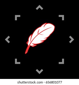 Feather sign illustration. Vector. White icon in gray focus like mandala on black background.