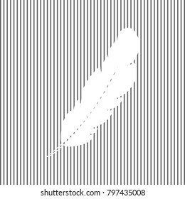 Feather sign illustration. Vector. White icon on grayish striped background. Optical illusion.