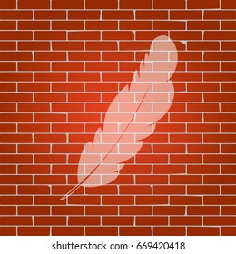 Feather sign illustration. Vector. Whitish icon on brick wall as background.