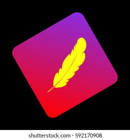 Feather sign illustration. Vector. Yellow icon at violet-red gradient square with rounded corners rotated for dynamics on black background.