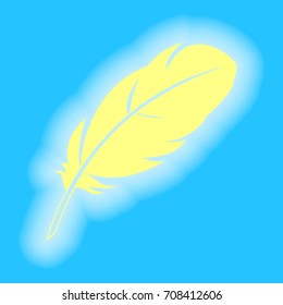 Feather sign illustration. Vector. Yellow sunny shining icon on sky blue background.