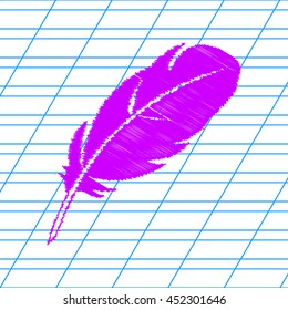 Feather sign illustration. Violet scribble icon with school paper.