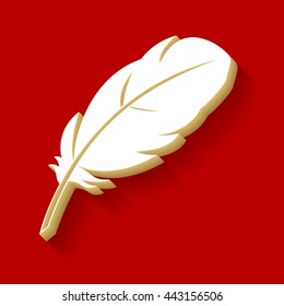 Feather sign illustration. White button icon with wood color and shadow on dark red background.