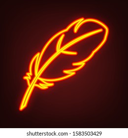 Feather sign illustration. Yellow, orange, red neon icon at dark reddish background. Illumination. Illustration.