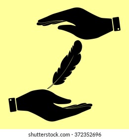 Feather sign. Save or protect symbol by hands.