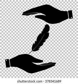 Feather sign. Save or protect symbol by hands.