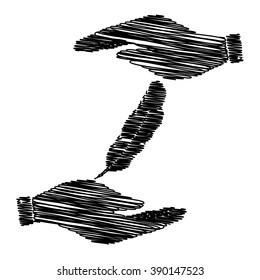 Feather sign. Save or protect symbol by hands with scribble effect.