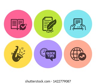 Feather signature, Jazz and Quick tips icons simple set. Receive file, Approved documentation and World statistics signs. Feedback, Saxophone. Education set. Flat feather signature icon. Circle button