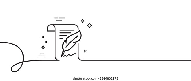 Feather signature line icon. Continuous one line with curl. Copywriting sign. Feedback symbol. Feather single outline ribbon. Loop curve pattern. Vector