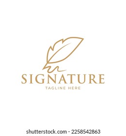 Feather signature logo design. Minimalist feather ink logo template.