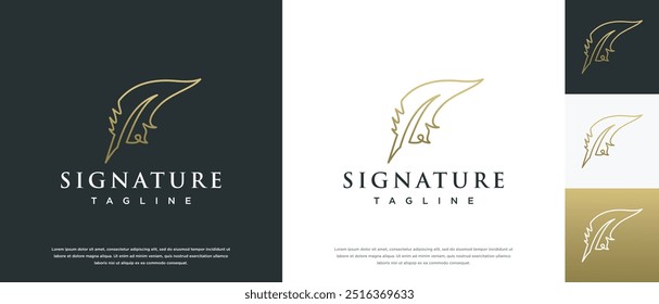 Feather signature logo design vector. Minimalist feather ink logo template.