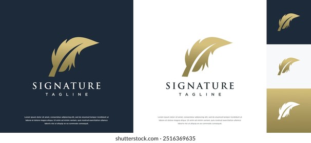 Feather signature logo design vector. Minimalist feather ink logo template.
