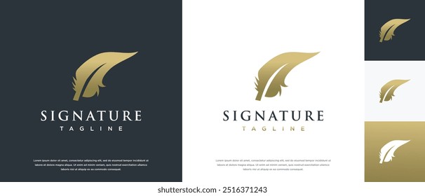 Feather signature logo design vector. Minimalist feather ink logo template.