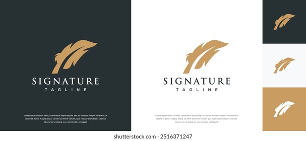 Feather signature logo design vector. Minimalist feather ink logo template.