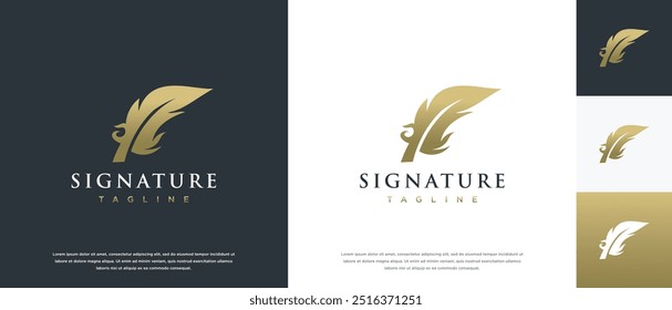 Vetor de design de logotipo de assinatura de penas. Modelo de logotipo de tinta de difusão minimalista.