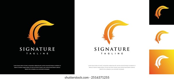 Feather signature logo design vector. Minimalist feather ink logo template.