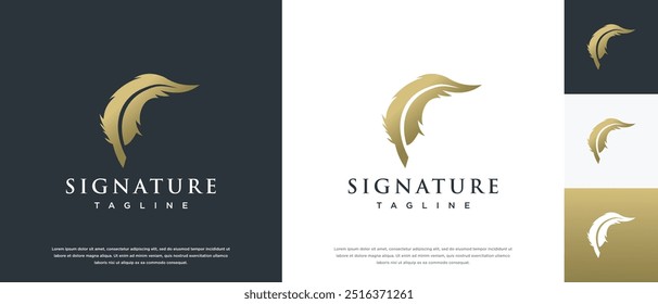Feather signature logo design vector. Minimalist feather ink logo template.