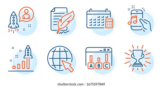 Feather signature, Music phone and Internet signs. Startup, Trophy and Survey results line icons set. Calendar, Development plan symbols. Developer, Winner cup. Education set. Vector