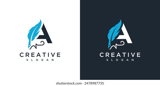 Feather signature pen logo and initial letter A. Feather signature logo design inspiration	