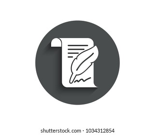 Feather signature simple icon. Copywriting sign. Feedback symbol. Circle flat button with shadow. Vector