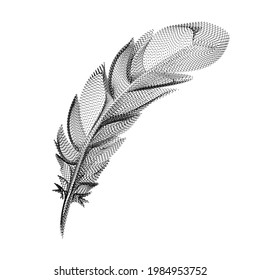 Feather silhouette consisting of black dots and particles. 3D vector wireframe of a bird plumage with a grain texture. Abstract geometric icon with dotted structure isolated on a white background