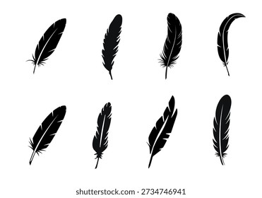 Feather Silhouette Icons Vector Set. Bird Quill Wing Symbols. Minimal Nature Design Collection