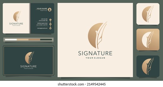 Feather silhouette ink logo design inspiration with business card template. signature feather quill.