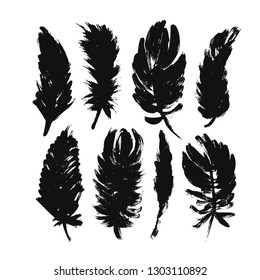 Feather silhouettes collection. Vector hand drawn elements. Detailed majestic feather collection. Decorative shapes.