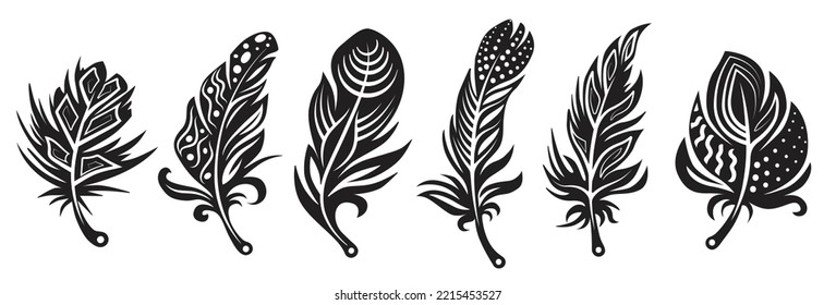 Feather silhouettes set to create a pendant, tattoo, sticker, Christmas decorations.
