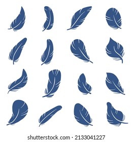Feather silhouettes. Soft fluffy curled plumage. Different shapes blue signs. Birdy elements. Simple minimalist design. Dove and goose lightweight plume. Vector
