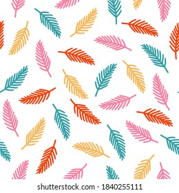 Feather simple minimalistic seamless pattern graphic design for paper, textile print, page fill. Floral background with hand drawn bright leaf. Botanical doodle vector illustration