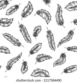 Feather sketch pattern. Seamless print with hand drawn bird plumage, retro feathers pencil drawing. Vector texture