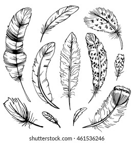 Feather sketch set. Hand drawn boho vector illustrations.