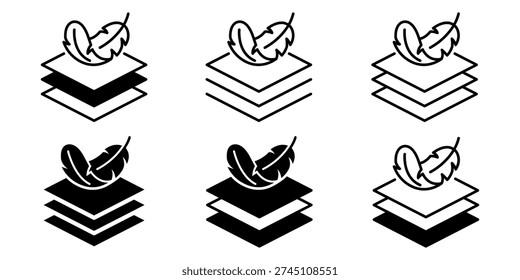 Feather soft icon set. Layer 1, 2, 3, 4, 5, 6, 7, 8, 9, 10. Logo layers, levels, tiers, sheets icons. Fabric floor layers symbol softness material stack vector. Surface levels technology for business.