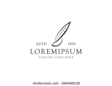 Feather and Swashes Logo. Write a Message Vector Line Icon Template.