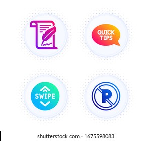 Feather, Swipe up and Quickstart guide icons simple set. Button with halftone dots. No parking sign. Copyright page, Scroll screen, Helpful tricks. Car park. Business set. Vector