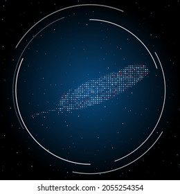 Símbolo de pluma relleno de puntos blancos. Estilo de puntillismo. Algunos puntos son rojos. Ilustración vectorial sobre fondo azul con estrellas