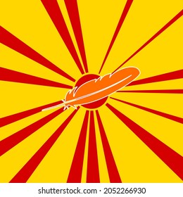 Feather symbol on a background of red flash explosion radial lines. The large orange symbol is located in the center of the sun, symbolizing the sunrise. Vector illustration on yellow background